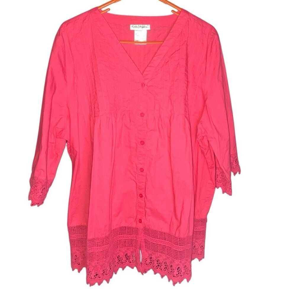 Ulla Popken Pink V-neck crochet 1/2 sleeve A line fit 100% cotton top #756